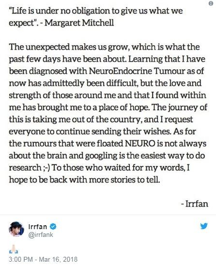 Irrfan Khan disease revealed on Twitter