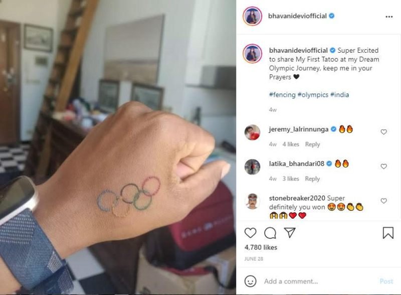 Bhavani Devi while showing her tattoo that she engraved on her left hand before the Tokoyo Olympics