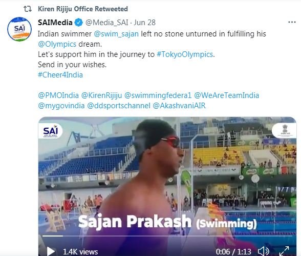 Indian Sports Ministers tweet for Sajan Prakash