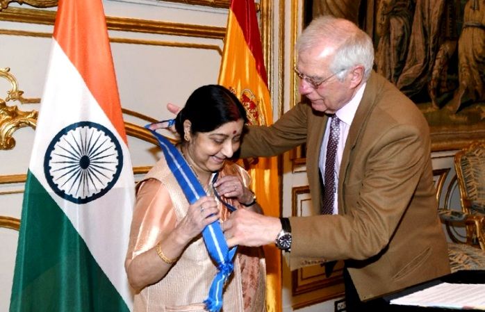 Sushma Swaraj Being Conferred The Grand Cross of Order of Civil Merit Honour