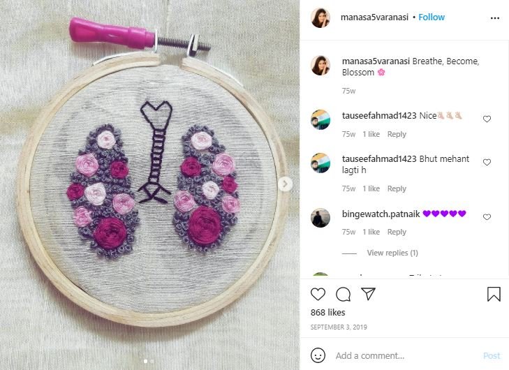 Manasa Varanasi’s Instagram post about her embroidery work