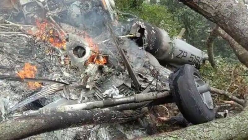 Wreckage of the crashed chopper that was carrying Bipin Rawat