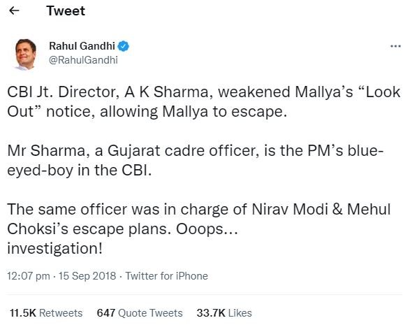 A snippet of Rahul Gandhi's tweet targeting A. K. Sharma