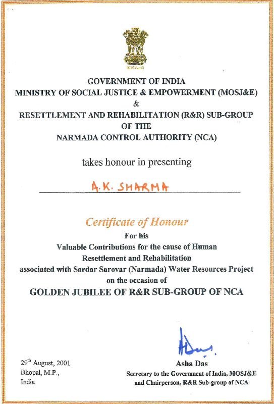 A. K. Sharma’s certificate of honour for his contribution to the cause of Human Resettlement and Rehabilitation associated with Sardar Sarovar (Narmada) Water Resources Project