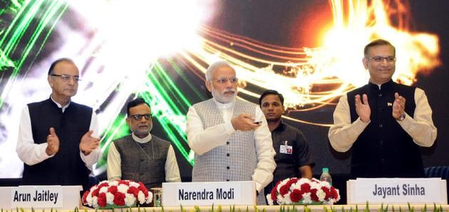 Jayant Sinha With Indian Prime Minister Narendra Modi And Finance Minister Arun Jaitley On The Occassion Of Launching Mudra