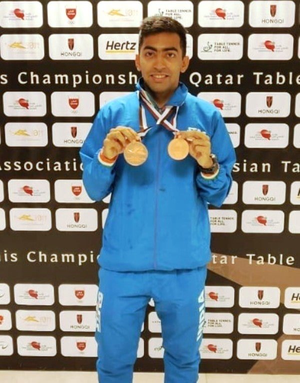Harmeet Desai with his bronze medals after standing third during the ITTF-ATTU Asian Championships