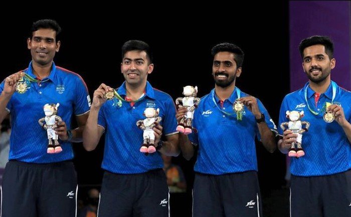 Sharath Kamal after winning a gold medal in mixed doubles events in CWG 2022
