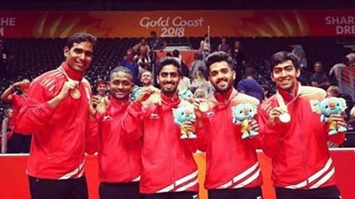 Sharath Kamal and his teammates with the gold medals at the 2018 Commonwealth Games Gold Coast