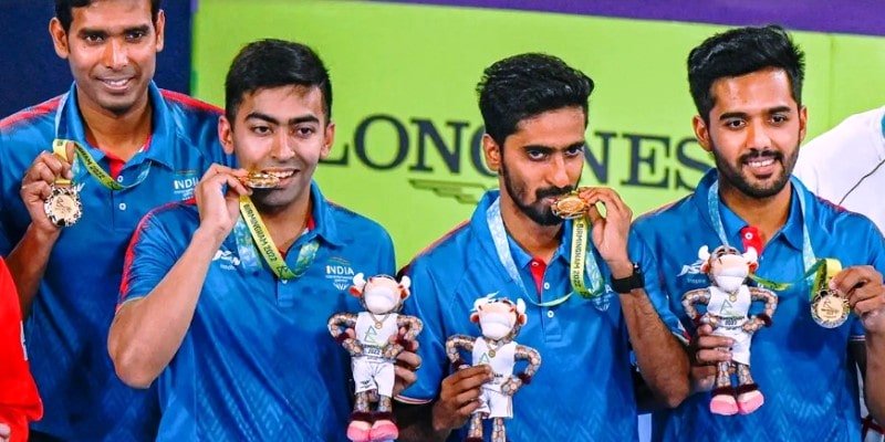 The Indian table tennis team after winning a gold medal in the 2022 Commonwealth Games
