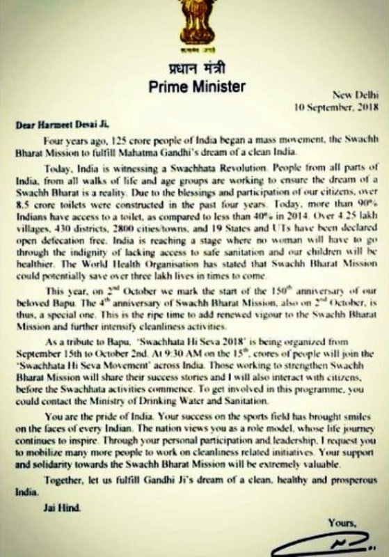 The letter which was written by PM Modi to Harmeet Desai