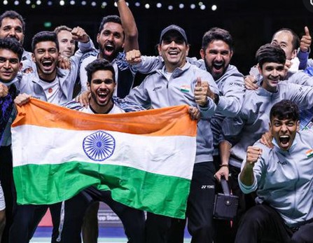 Indian Badminton Team after winning the Thomas Cup