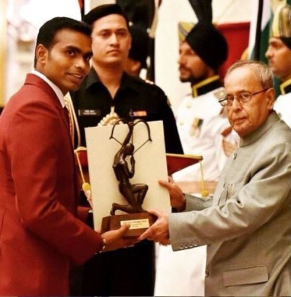 P. R. Sreejesh receiving the prestigious Arjuna Award from the President of India Mr. Pranab Kumar Mukherjee