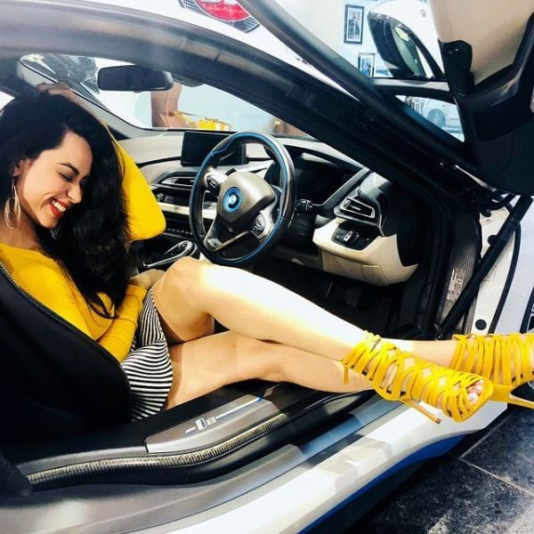 Soundarya Sharma in her BMW car