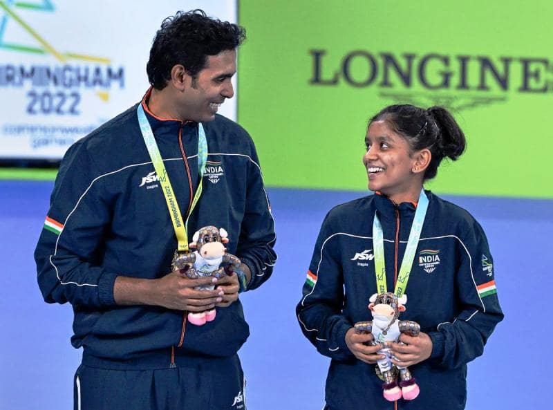 Sreeja Akula with Sharath Kamal after winning a gold medal in the mixed doubles event at the 2022 CWG